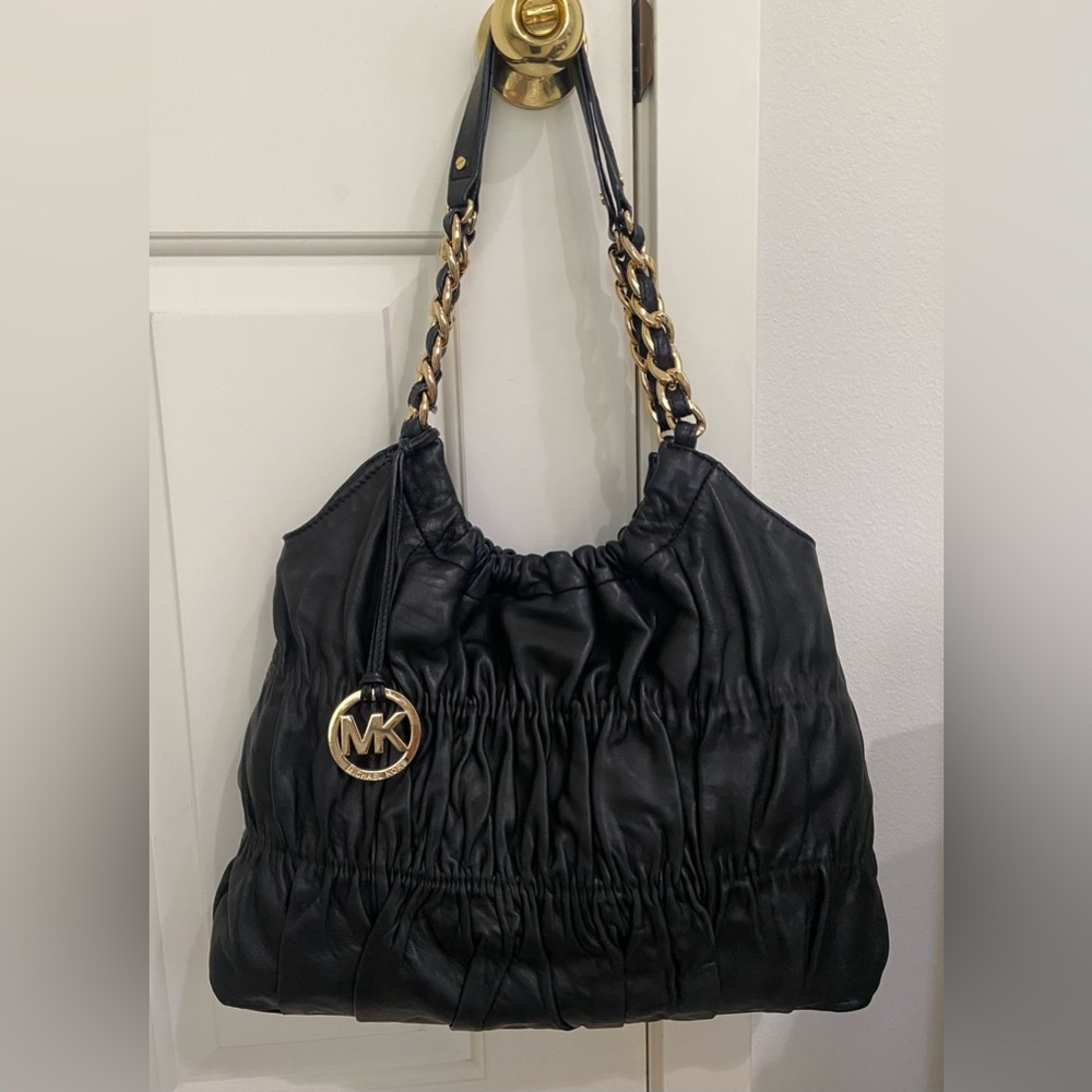 MICHAEL KORS Lamb Skin Leather Ruched Black Shoulder Tote Bag